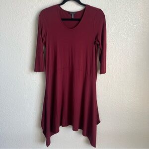 Eileen Fisher Womens Burgundy Sharkbite Hem 3/4 Sleeve A Line‎ Dress Sz Petite M